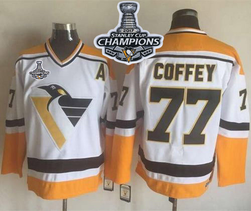 Penguins #77 Paul Coffey White/Yellow CCM Throwback Stanley Cup Finals Champions Stitched NHL Jersey